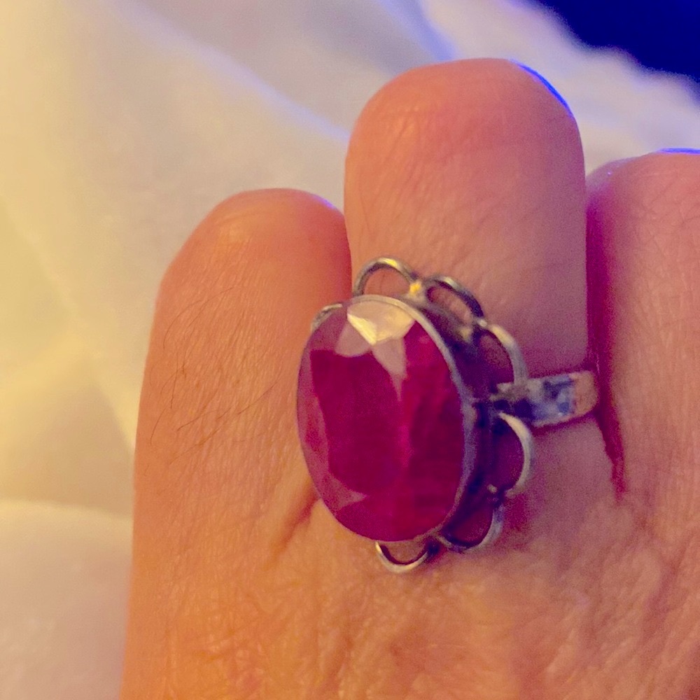 Ruby Ring Silver Flower Large Facets - image 2
